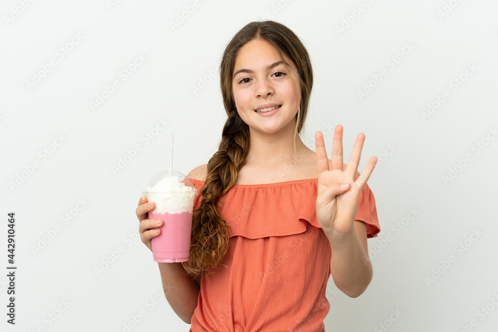 Little caucasian girl with strawberry milkshake isolated on white background happy and counting four with fingers Little caucasian girl with strawberry milkshake isolated on white background happy and counting four with fingers