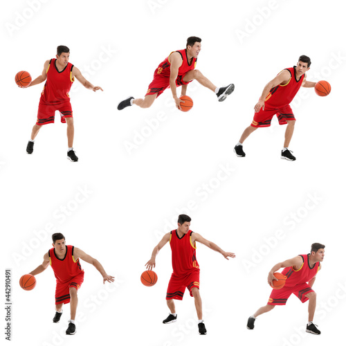 Professional sportsman playing basketball on white background  collage