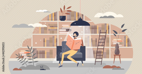 Bibliotherapy as depression treatment with book reading tiny person concept. Psychological, mental problem therapy session with literature to reduce stress level, be calm and happy vector illustration
