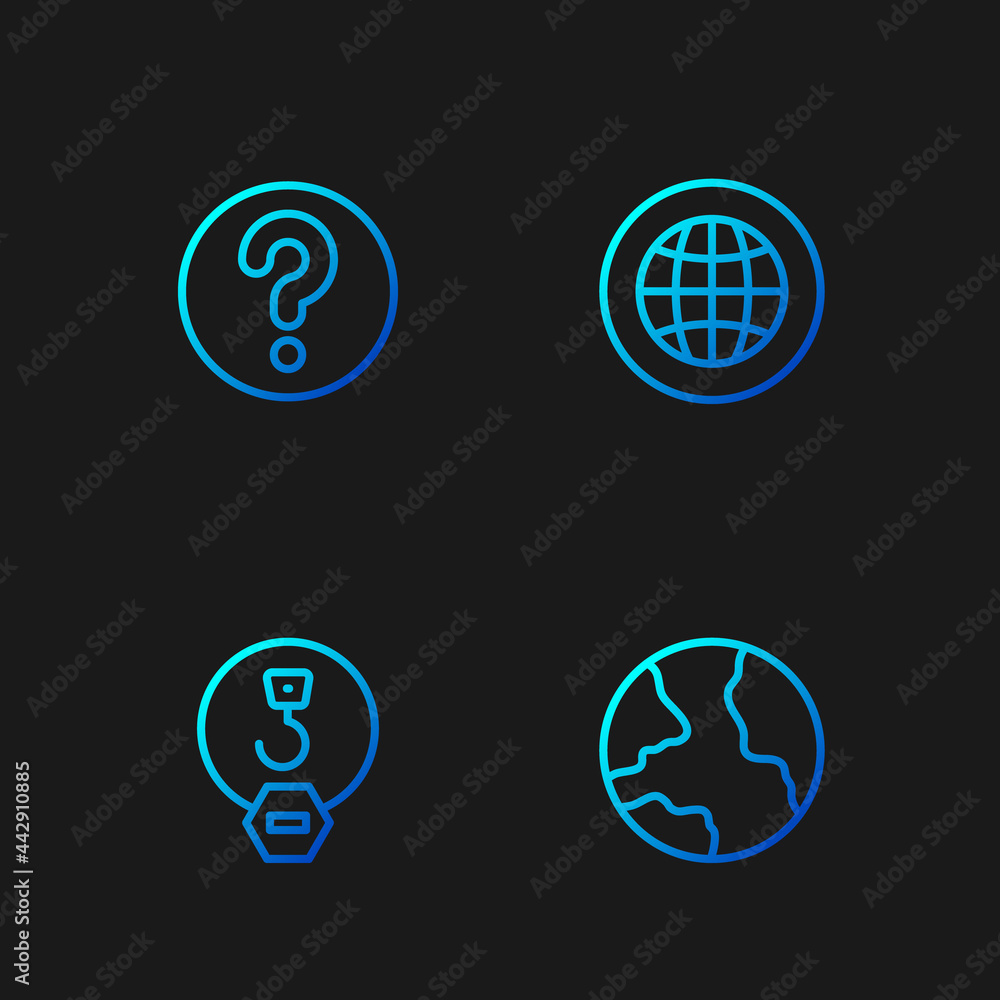 Set line Worldwide, Industrial hook, Unknown search and Social network. Gradient color icons. Vector Set line Worldwide, Industrial hook, Unknown search and Social network. Gradient color icons. Vector