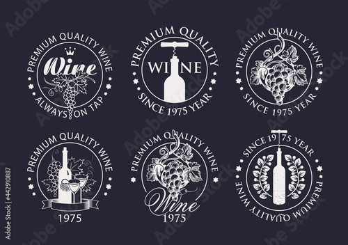 Set of wine logos, labels, badges, round-shaped stickers for a winery or wine store. Black and white vector emblems with hand-drawn bunches of grapes and bottles with corkscrews on a black background