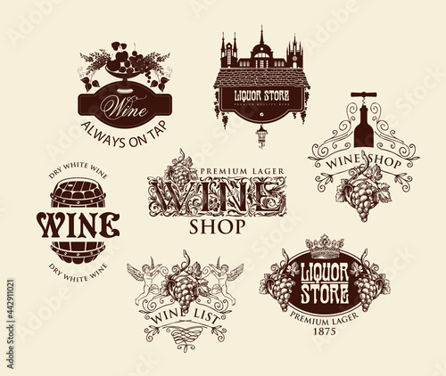 Set of logos, emblems, labels, badges, stickers for a wine shop or liquor store. Vector wine tags with ornate drawings and inscriptions on an old beige background in vintage style