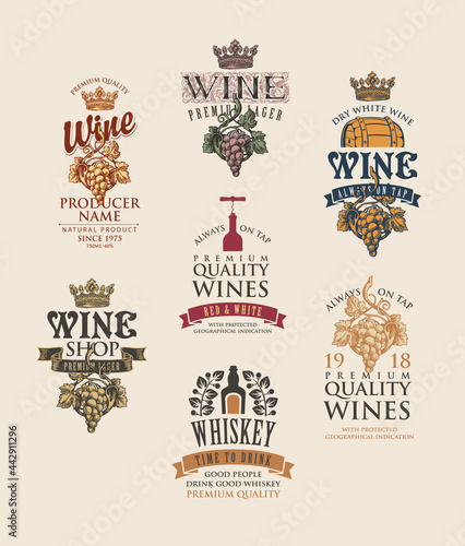 Set of logos, emblems, labels, badges or stickers for a wine and whiskey. Vector tags for alcoholic drinks with ornate drawings and inscriptions on an old beige background in vintage style