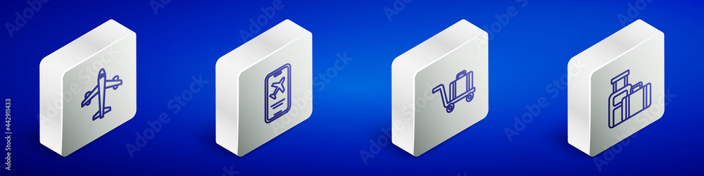 Set Isometric line Plane, Mobile with ticket, Trolley baggage and Suitcase icon. Vector Set Isometric line Plane, Mobile with ticket, Trolley baggage and Suitcase icon. Vector