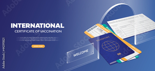 Passport with boarding pass tickets. Airplane take off. Travel to new requirements. Covid-19 prevention. Health care concept. Vector illustration
