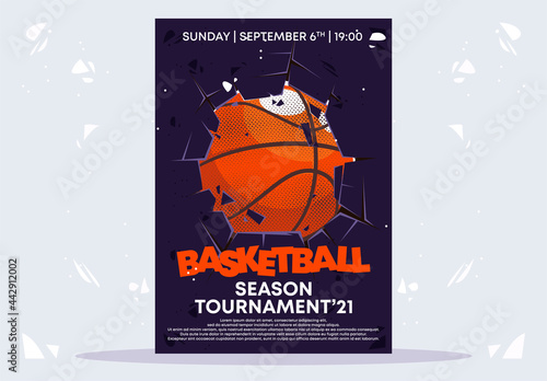 vector illustration of a basketball game poster template, a basketball breaks a wall in the center, fragments of a wall, a broken wall from being hit by a ball