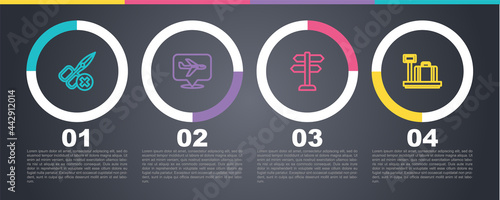 Set line No scissors, Plane, Road traffic sign and Scale with suitcase. Business infographic template. Vector