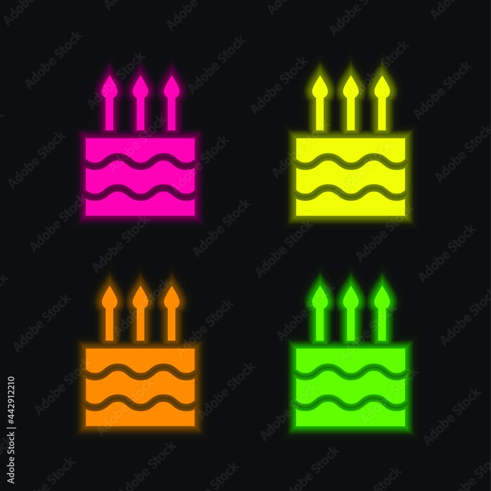 Fototapeta premium Birthday Cake four color glowing neon vector icon