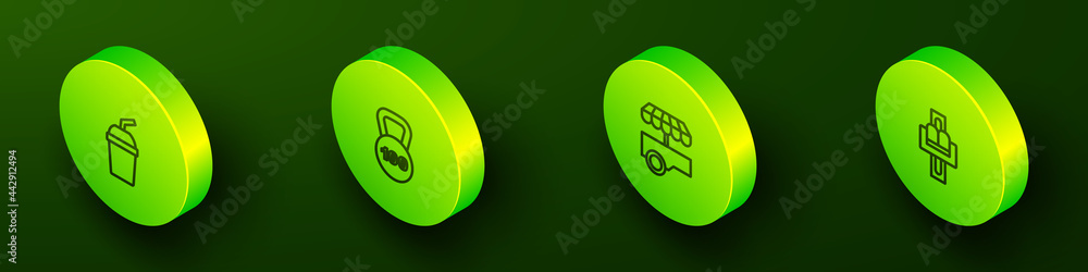 Set Isometric line Paper glass with water, Weight, Fast street food cart and Attraction carousel icon. Vector Set Isometric line Paper glass with water, Weight, Fast street food cart and Attraction carousel icon. Vector