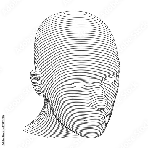 Human Head in Horizontal Lines or Slices Over White Background. Three Quarters View