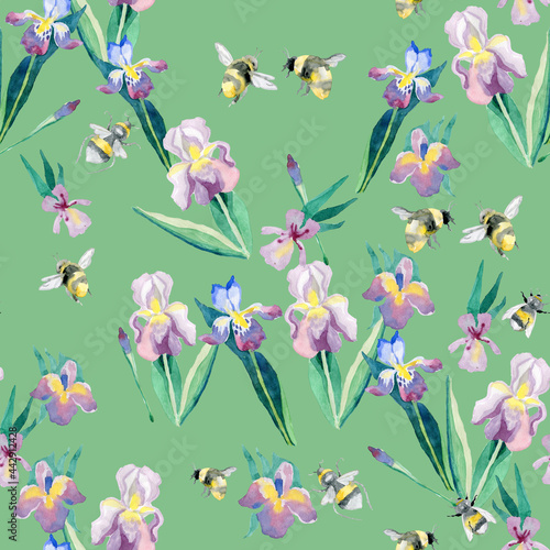Iris flowers and bees on a green background a seamless pattern for the fabric of a romantic summer retro © Lena