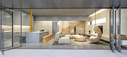 3d render of home living room and dining room © murattellioglu