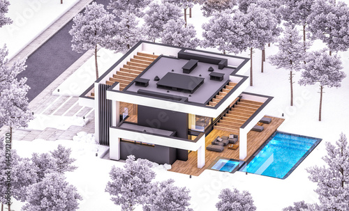 3d rendering of modern cozy house with pool and parking for sale or rent in luxurious style and beautiful landscaping on background. Cool winter evening with cozy light from windows © korisbo