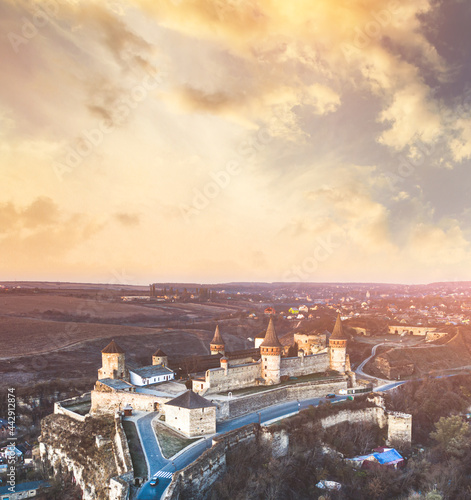 Panoramic view of wonderful medieval castle in Ukraine at sunset photo