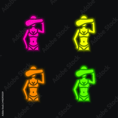 Bikini four color glowing neon vector icon