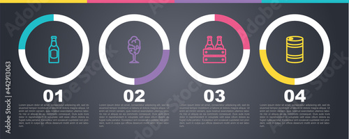 Set line Beer bottle, Glass of beer, Pack bottles and Metal keg. Business infographic template. Vector