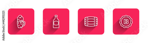 Set line Glass of beer, Beer bottle, Wooden barrel and Bottle cap with with long shadow. Red square button. Vector