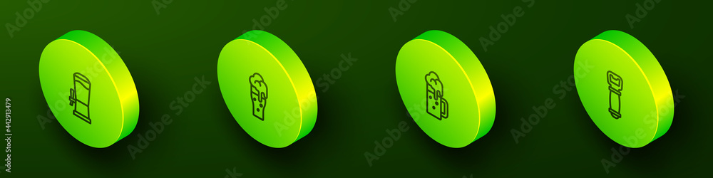 Set Isometric line Beer tap, Glass of beer, Wooden mug and Bottle opener icon. Vector Set Isometric line Beer tap, Glass of beer, Wooden mug and Bottle opener icon. Vector