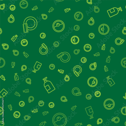 Set line Washing dishes, Dishwashing liquid bottle and Robot vacuum cleaner on seamless pattern. Vector