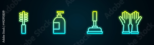 Set line Toilet brush, Dishwashing liquid bottle, Rubber plunger and gloves. Glowing neon icon. Vector