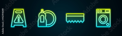 Set line Wet floor, Dishwashing liquid bottle, Sponge and Washer. Glowing neon icon. Vector