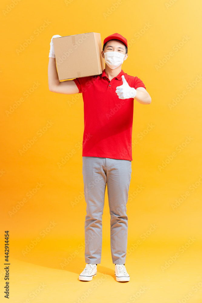 Delivery guy give parcel shipment. Safe delivery Delivery guy give parcel shipment. Safe delivery