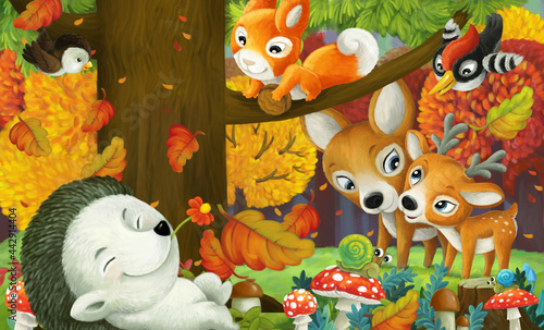 cartoon scene forest animals friends together