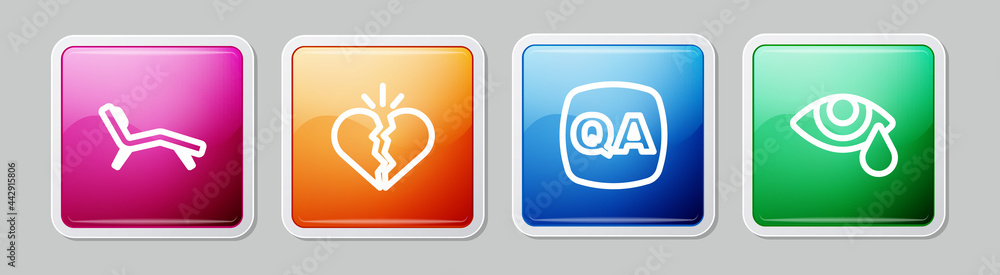 Set line Armchair, Broken heart or divorce, Question and Answer and Tear cry eye. Colorful square button. Vector Set line Armchair, Broken heart or divorce, Question and Answer and Tear cry eye. Colorful square button. Vector