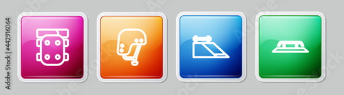 Set line Knee pads, Skateboard helmet, park and stairs with rail. Colorful square button. Vector