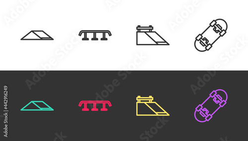 Set line Skate park, Skateboard stairs with rail, and on black and white. Vector
