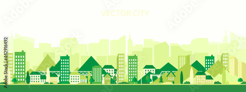   Vector poster with suburban houses and skyscrapers.Urban landscape with mountains in green colors. City view.
