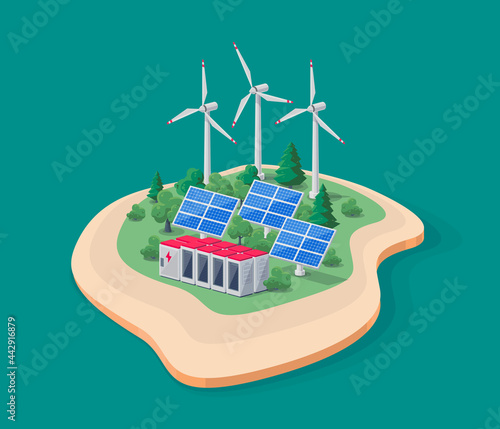 Vector illustration of photovoltaic solar panels, wind turbines and rechargeable lithium-ion battery electricity storage backup. Renewable energy electric smart power station island off-grid system.