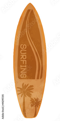 Illustration of a surfboard with palm trees orange