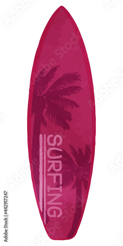 Illustration of a surfboard with palm trees pink