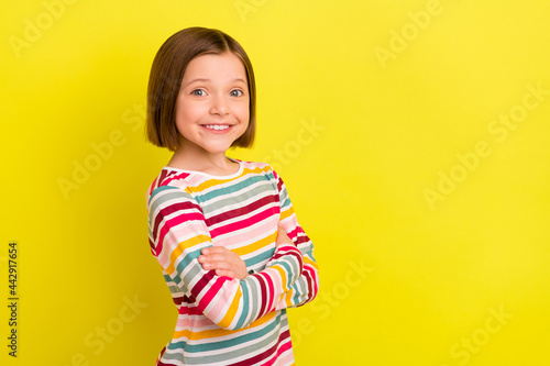 Photo of attractive young positive small girl hold hands crossed confident isolated on yellow color background