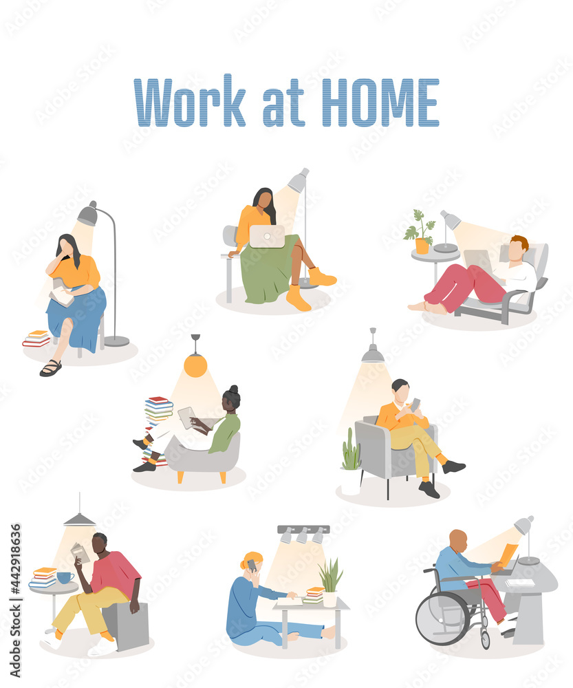 Work at home concept design. Vector illustration set isolated on white background. Work at home concept design. Vector illustration set isolated on white background.