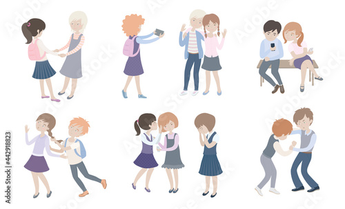 Children school behavior set. Isolated editable vector illustration