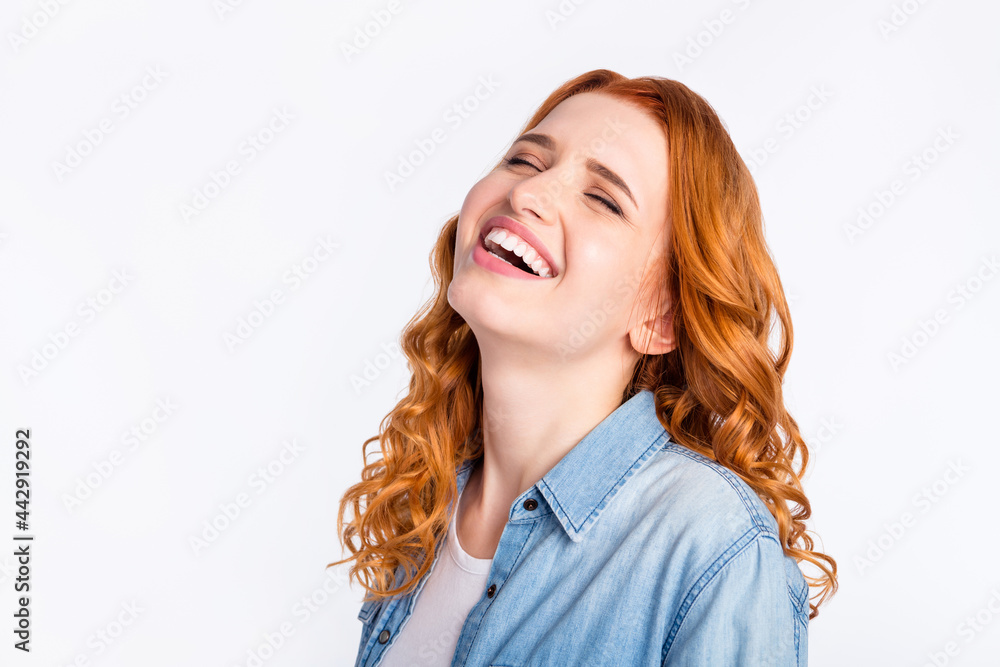 Photo of charming happy joyful positive woman smile good mood laugh isolated on grey color background Photo of charming happy joyful positive woman smile good mood laugh isolated on grey color background