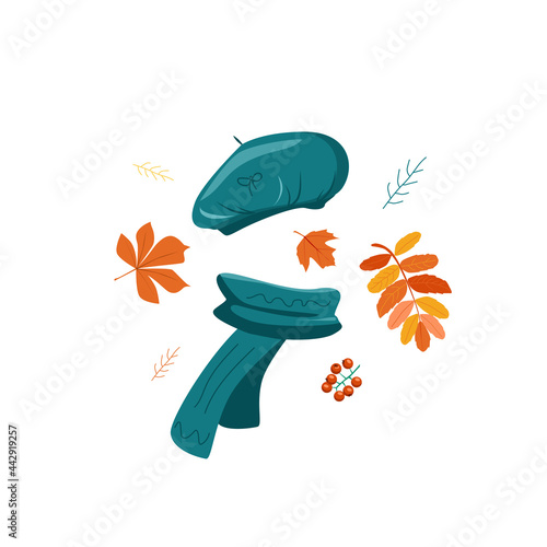Vector autumn things, emerald beret and scarf with autumn leaves, isolated on a white background. Stylish things for autumn weather