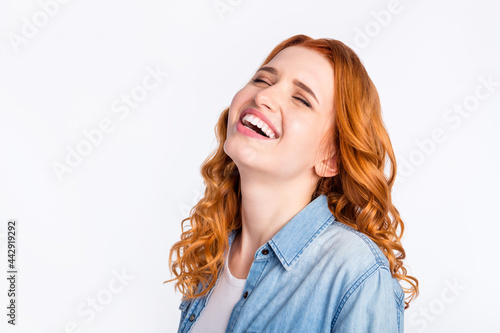 Photo of charming happy joyful positive woman smile good mood laugh isolated on grey color background