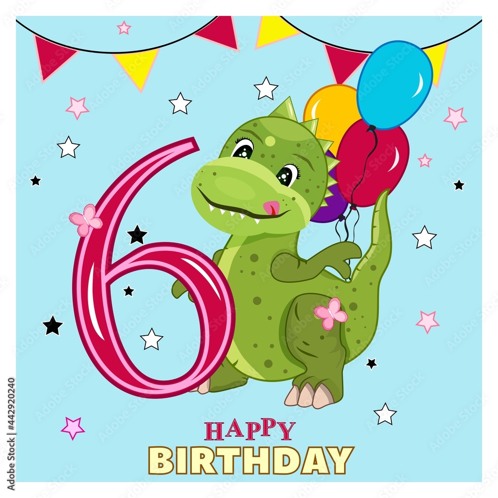 Obraz premium Vintage happy birthday, great design for any purposes. Holiday celebration concept. Happy birthday holiday background. Dinosaur with balloons. Stock Vector Illustration.Flags with stars.6 years old.
