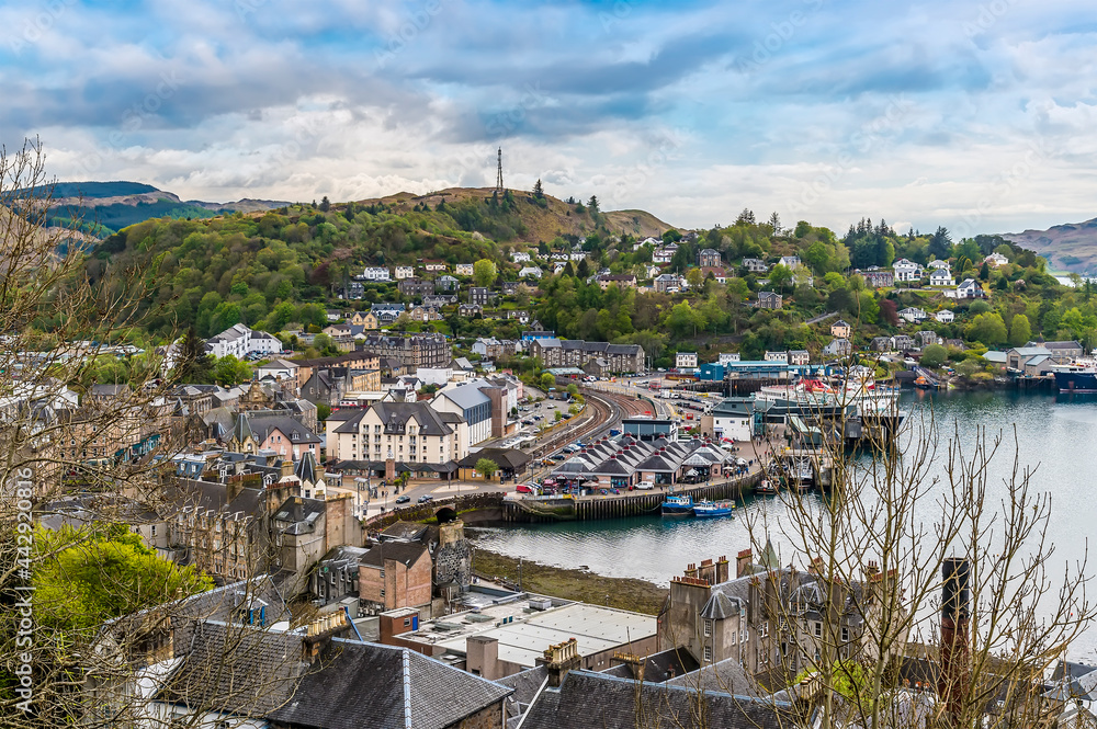 A view over the port of Oban, Scotland from Oban Bay on a summers day