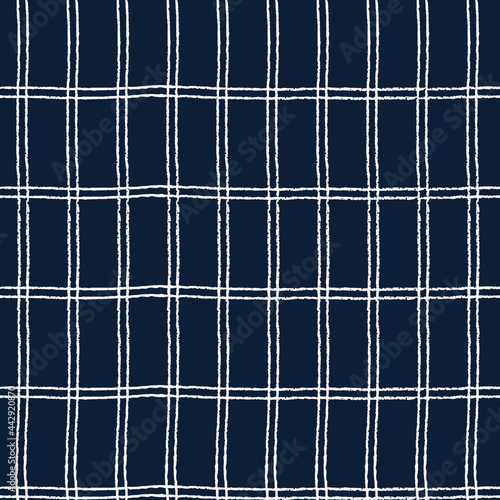 Seamless checkered repeating pattern with double hand drawn grid. Darkd background for wrapping paper, textile, surface design and other design projects
