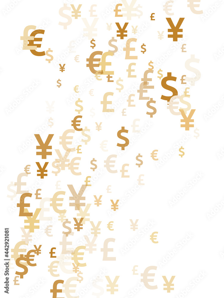 Euro dollar pound yen gold signs flying money vector background. Sale concept. Currency tokens