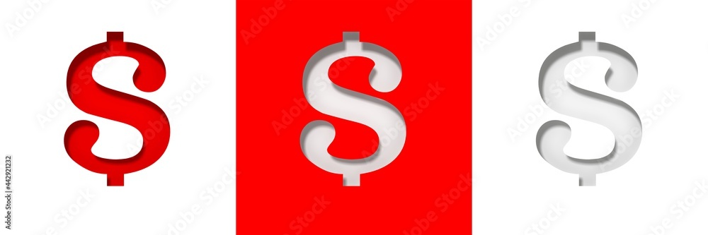 Dollar sign $ symbol us-dollar icons sale price special offer label promotion tag red and white colored stencil cut out design 3d rendering in high resolution for print and presentation Dollar sign $ symbol us-dollar icons sale price special offer label promotion tag red and white colored stencil cut out design 3d rendering in high resolution for print and presentation