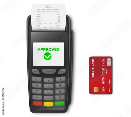 Processing NFC payments device POS terminal confirms the payment by debit credit card, invoice. NFC payments by card. Mockup. Top View