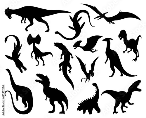 Dinosaurs silhouettes set. Dino monsters icons. Prehistoric reptile monsters. Vector illustration isolated on white. Sketch set