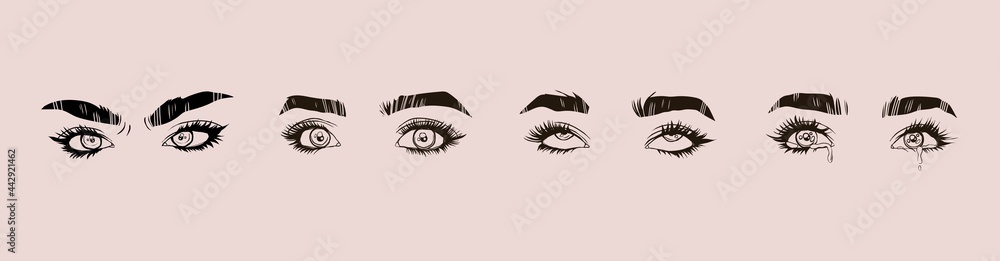 Set of Beautiful female Eyes with long Eyelashes and Brows. Close up emotional fashion look. Hand drawn Vector illustration. Brow bar, beauty salon concept. Logo, poster or print template Set of Beautiful female Eyes with long Eyelashes and Brows. Close up emotional fashion look. Hand drawn Vector illustration. Brow bar, beauty salon concept. Logo, poster or print template
