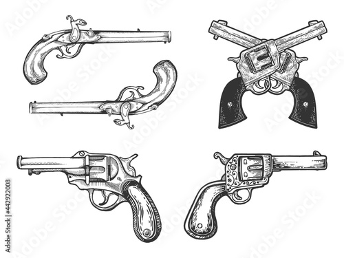 Weapons vintage pistols revolvers historical set line art sketch engraving vector illustration. T-shirt apparel print design. Scratch board imitation. Black and white hand drawn image.