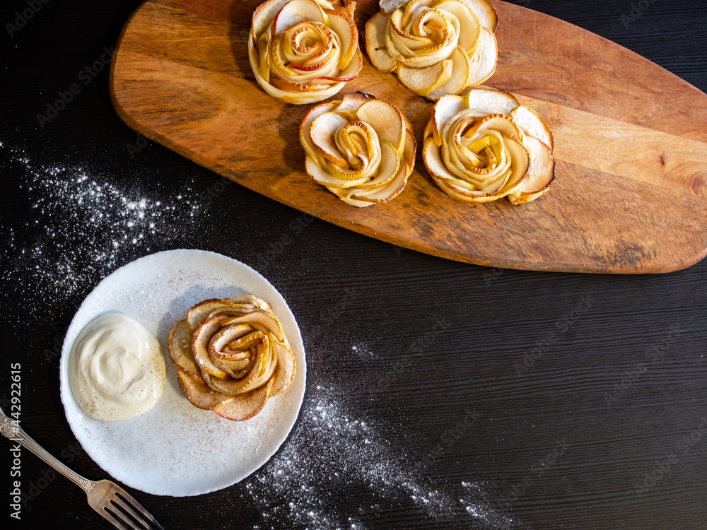 Apple roses, apple buns, serving with whipped cream and almond petals, Apple roses, apple buns, serving with whipped cream and almond petals,